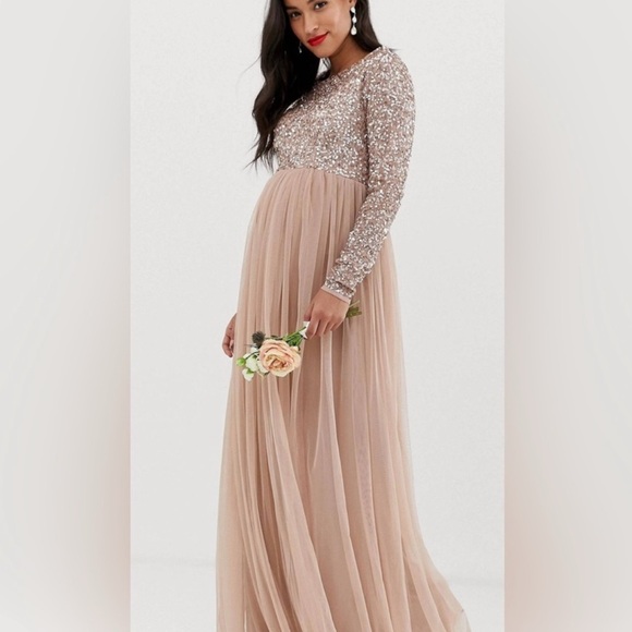 ASOS Maternity Pink Sequin Pleated Maxi Gown - Picture 1 of 15
